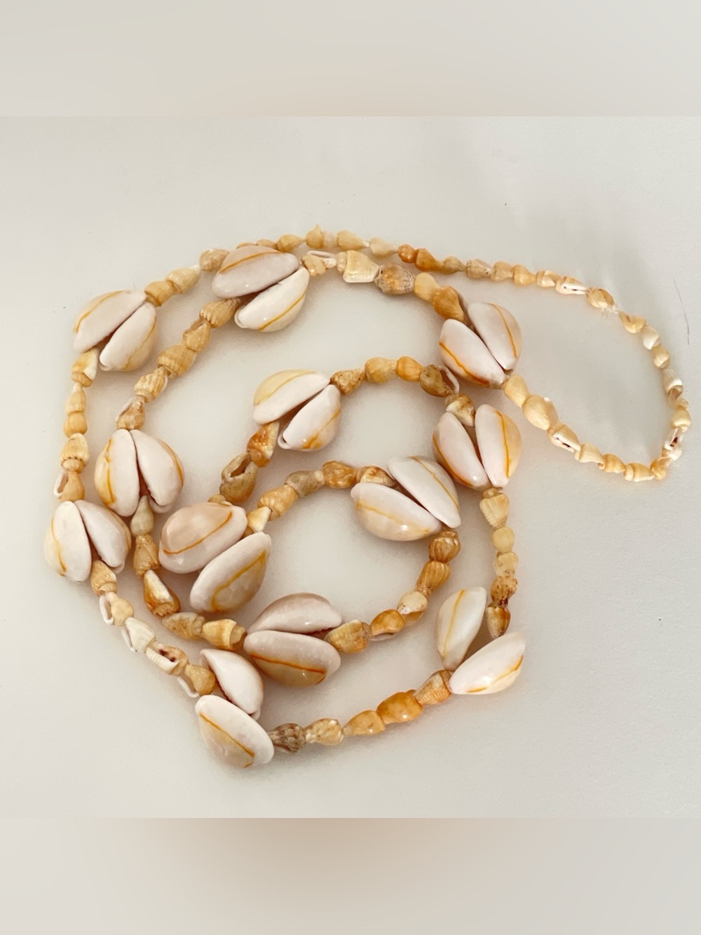 Vintage Natural Cowrie and Seashell Beaded Necklace 34”
Boho Coastal Beach